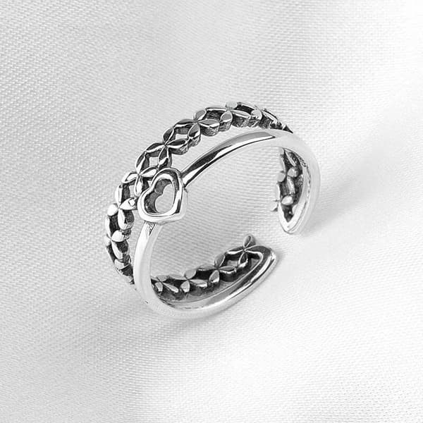 Vintage Heart Double Layer Adjustable Ring 925 Sterling Silver Women Jewellery