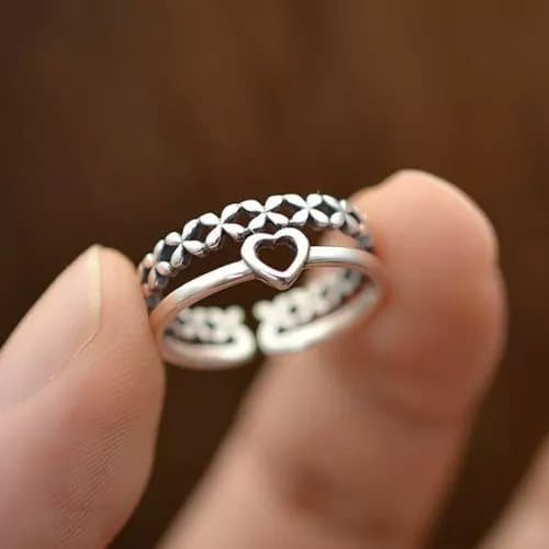 Vintage Heart Double Layer Adjustable Ring 925 Sterling Silver Women Jewellery