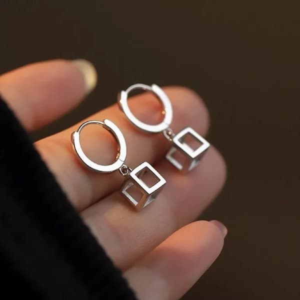 925 Sterling Silver Hollow Cube Hoop Earrings Women Girls Jewellery Gift
