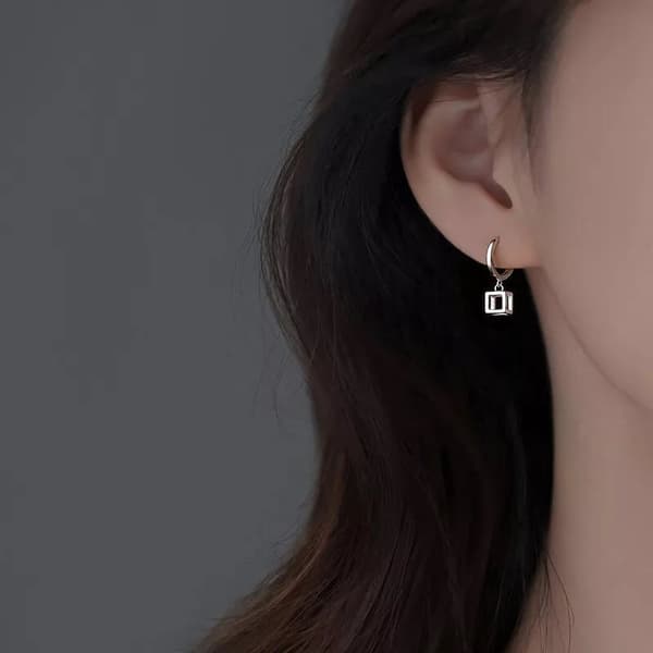 925 Sterling Silver Hollow Cube Hoop Earrings Women Girls Jewellery Gift