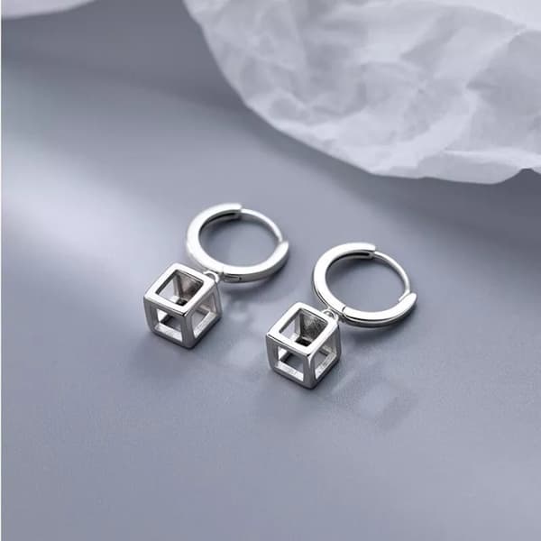 925 Sterling Silver Hollow Cube Hoop Earrings Women Girls Jewellery Gift