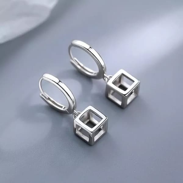 925 Sterling Silver Hollow Cube Hoop Earrings Women Girls Jewellery Gift