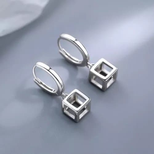 925 Sterling Silver Hollow Cube Hoop Earrings Women Girls Jewellery Gift