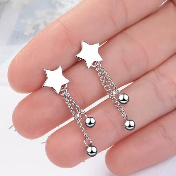 925 Sterling Silver Star Bead Dangle Drop Stud Earrings Women Girls Jewellery UK