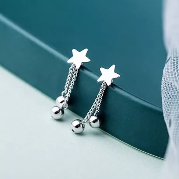925 Sterling Silver Star Bead Dangle Drop Stud Earrings Women Girls Jewellery UK