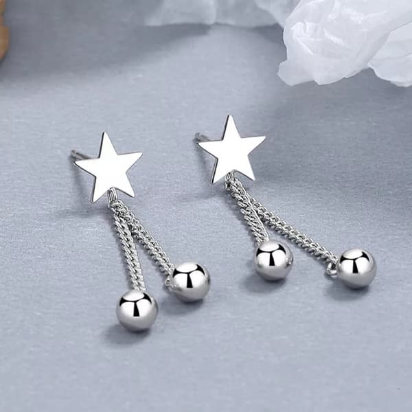 925 Sterling Silver Star Bead Dangle Drop Stud Earrings Women Girls Jewellery UK