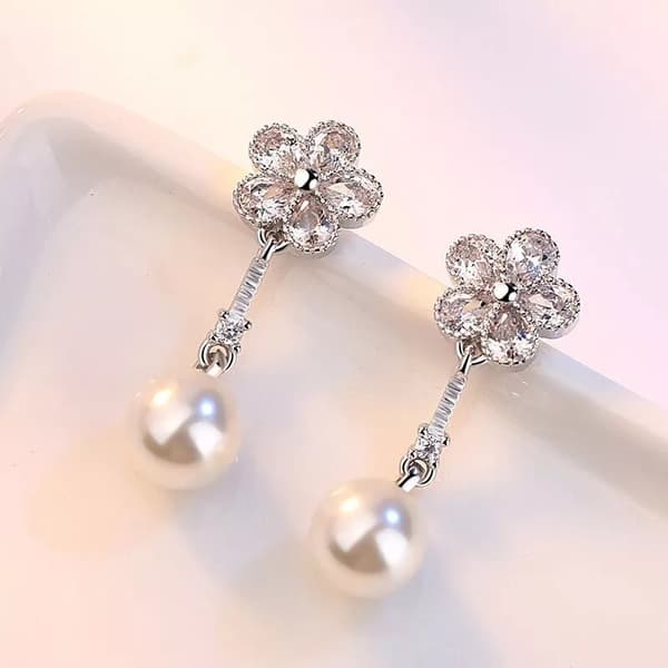925 Sterling Silver Crystal Flower Pearl Drop Stud Earrings Jewellery Women Gift
