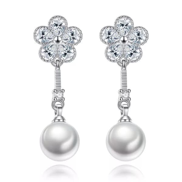 925 Sterling Silver Crystal Flower Pearl Drop Stud Earrings Jewellery Women Gift