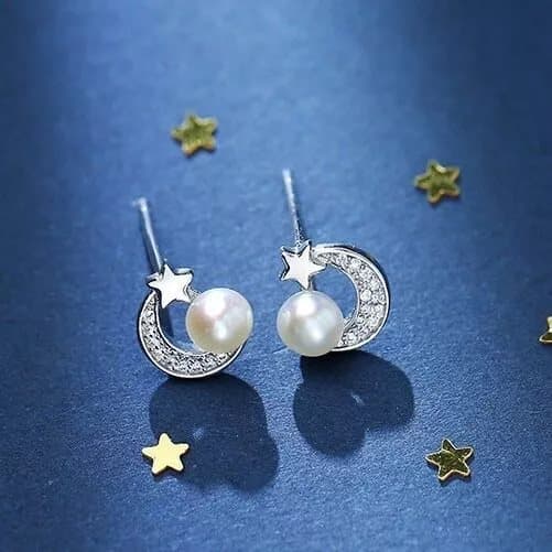 Crystal Moon Star Pearl Stud earrings 925 Sterling Silver Women Girls Jewellery