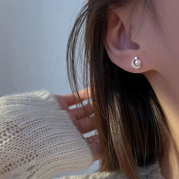 Crystal Moon Star Pearl Stud earrings 925 Sterling Silver Women Girls Jewellery