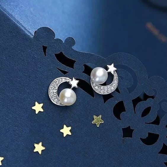 Crystal Moon Star Pearl Stud earrings 925 Sterling Silver Women Girls Jewellery