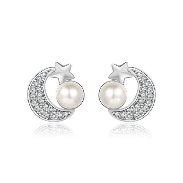 Crystal Moon Star Pearl Stud earrings 925 Sterling Silver Women Girls Jewellery