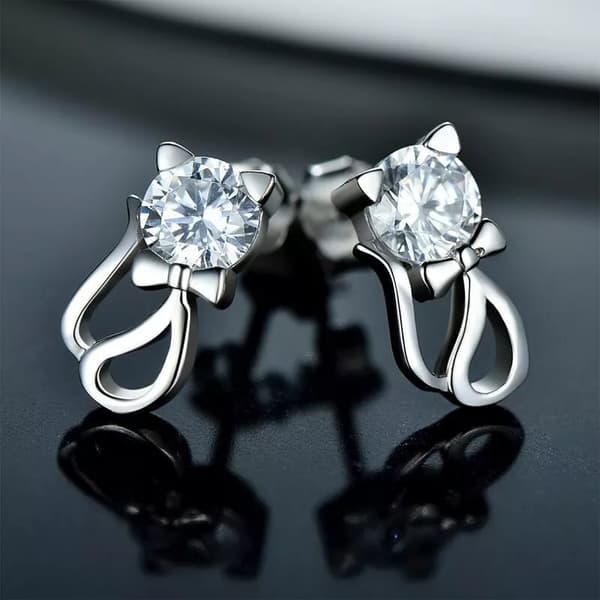 Womens Girls 925 Sterling Silver Cute Crystal Cat Stud Earrings Jewellery Gift