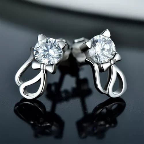 Womens Girls 925 Sterling Silver Cute Crystal Cat Stud Earrings Jewellery Gift