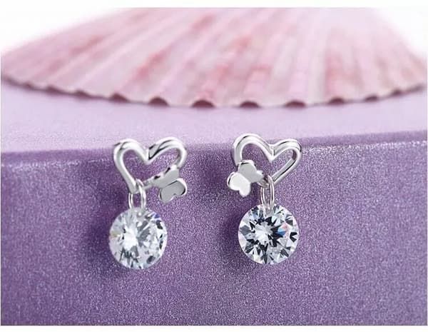 Women 925 Sterling Silver Crystal Heart Butterfly Stud Earrings Valentine’s Gift