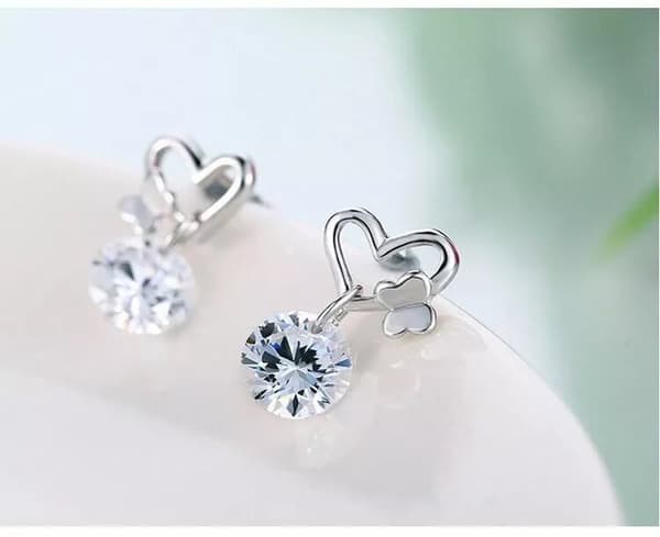 Women 925 Sterling Silver Crystal Heart Butterfly Stud Earrings Valentine’s Gift