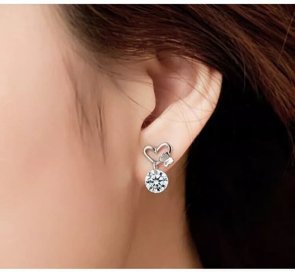 Women 925 Sterling Silver Crystal Heart Butterfly Stud Earrings Valentine’s Gift