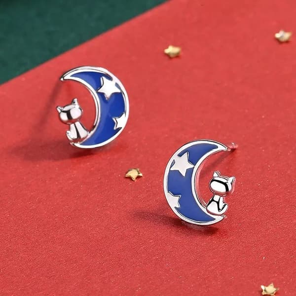 925 Sterling Silver Cute Moon Star Cat Stud Earrings Jewellery Women Girls Gift