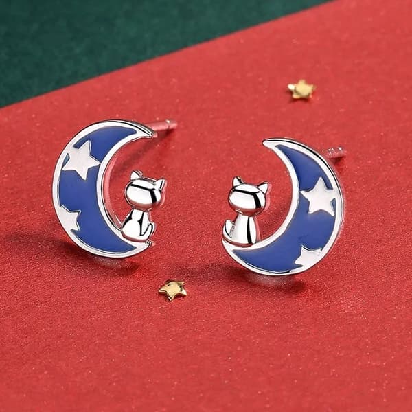925 Sterling Silver Cute Moon Star Cat Stud Earrings Jewellery Women Girls Gift