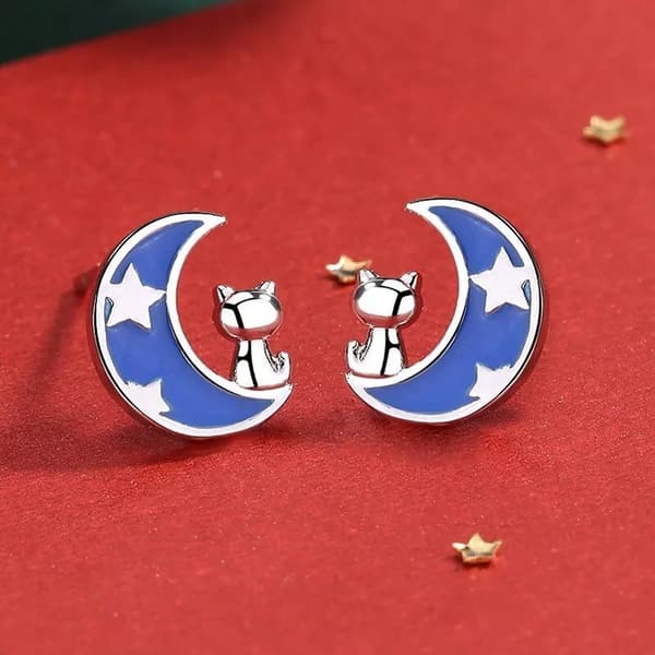 925 Sterling Silver Cute Moon Star Cat Stud Earrings Jewellery Women Girls Gift