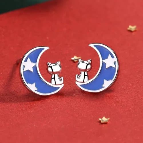 925 Sterling Silver Cute Moon Star Cat Stud Earrings Jewellery Women Girls Gift