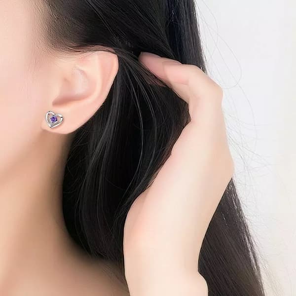 Women Crystal Purple Stone Heart Stud Earrings 925 Sterling Silver Jewellery UK