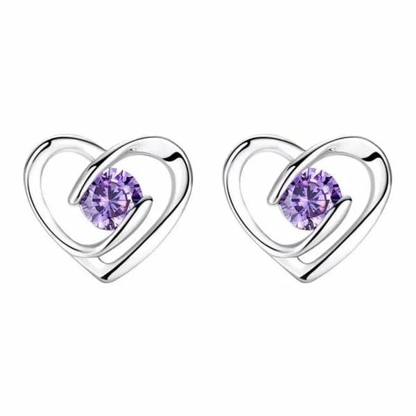 Women Crystal Purple Stone Heart Stud Earrings 925 Sterling Silver Jewellery UK
