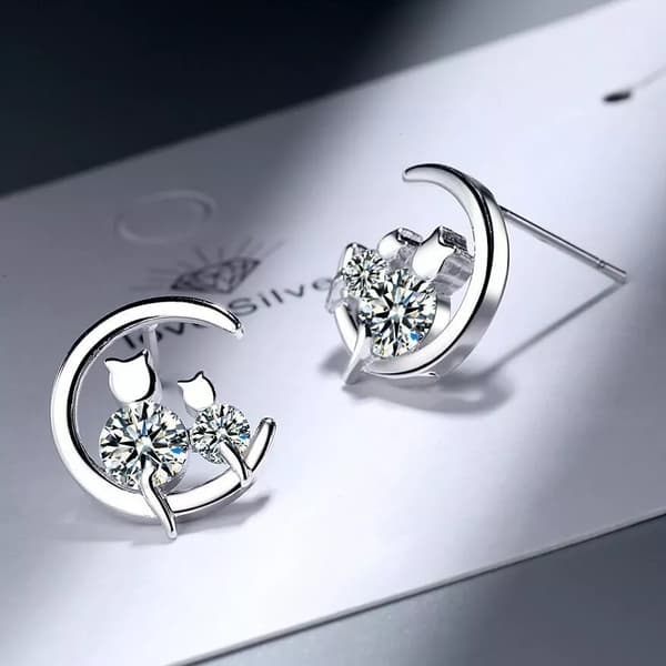 Womens Girls 925 Sterling Silver Crystal Moon Cats Stud Earrings Jewellery Gift