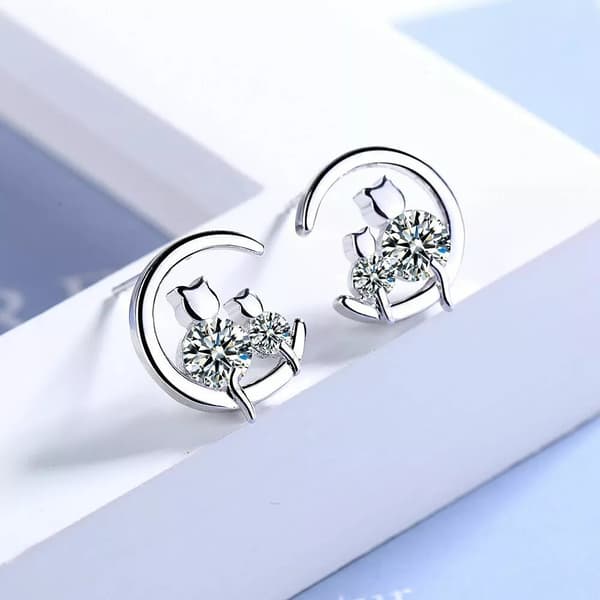 Womens Girls 925 Sterling Silver Crystal Moon Cats Stud Earrings Jewellery Gift