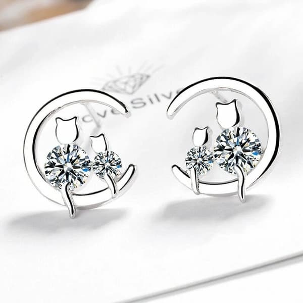 Womens Girls 925 Sterling Silver Crystal Moon Cats Stud Earrings Jewellery Gift