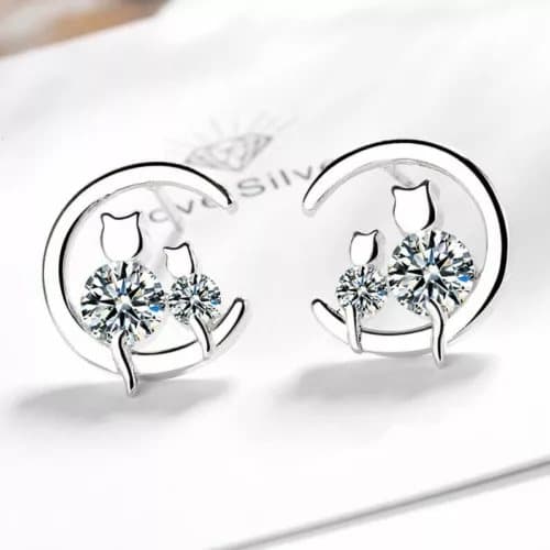 Womens Girls 925 Sterling Silver Crystal Moon Cats Stud Earrings Jewellery Gift