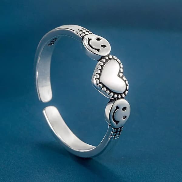 Vintage Heart Smiley Face Adjustable Ring 925 Sterling Silver Women Jewellery