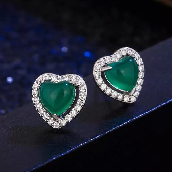 925 Sterling Silver Crystal Heart Green Jade Stud Earrings Jewellery Women Gift