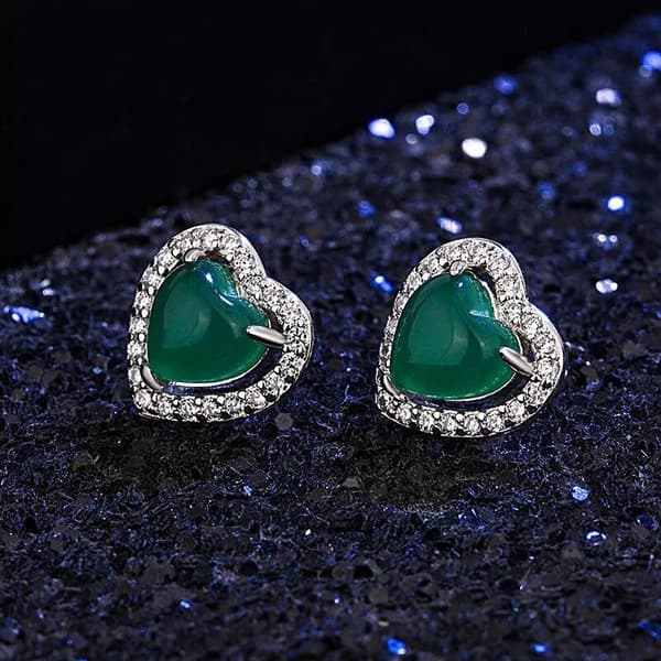 925 Sterling Silver Crystal Heart Green Jade Stud Earrings Jewellery Women Gift