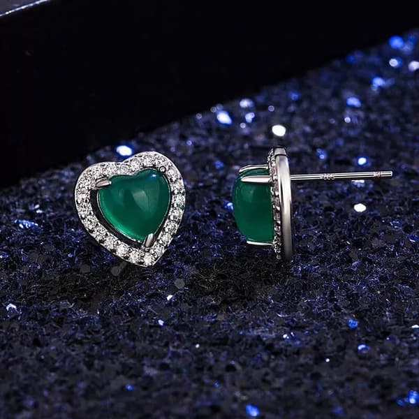 925 Sterling Silver Crystal Heart Green Jade Stud Earrings Jewellery Women Gift