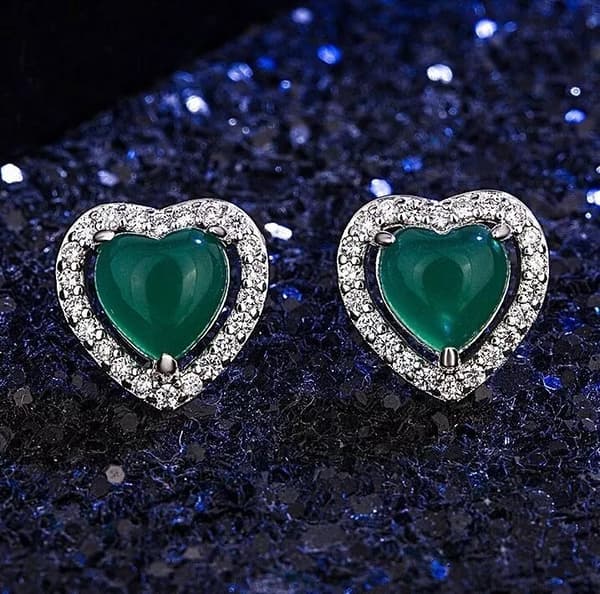 925 Sterling Silver Crystal Heart Green Jade Stud Earrings Jewellery Women Gift