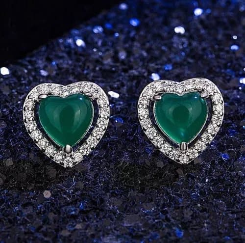 925 Sterling Silver Crystal Heart Green Jade Stud Earrings Jewellery Women Gift