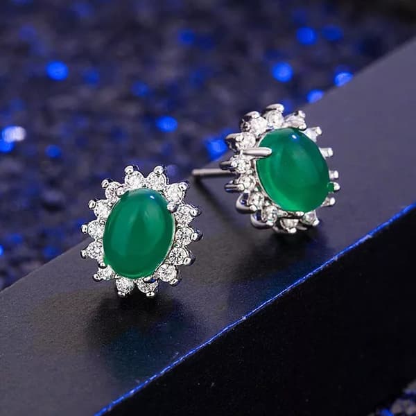 925 Sterling Silver Crystal Green Jade Stud Earrings Jewellery Women Gift