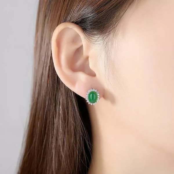 925 Sterling Silver Crystal Green Jade Stud Earrings Jewellery Women Gift
