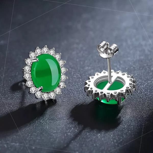 925 Sterling Silver Crystal Green Jade Stud Earrings Jewellery Women Gift