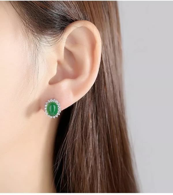 925 Sterling Silver Crystal Green Jade Stud Earrings Jewellery Women Gift