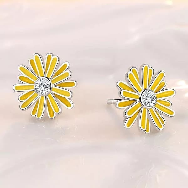 925 Sterling Silver Yellow Flower Crystal Stud Earrings Women Girls Jewellery