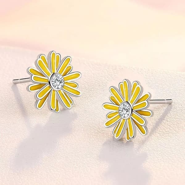 925 Sterling Silver Yellow Flower Crystal Stud Earrings Women Girls Jewellery