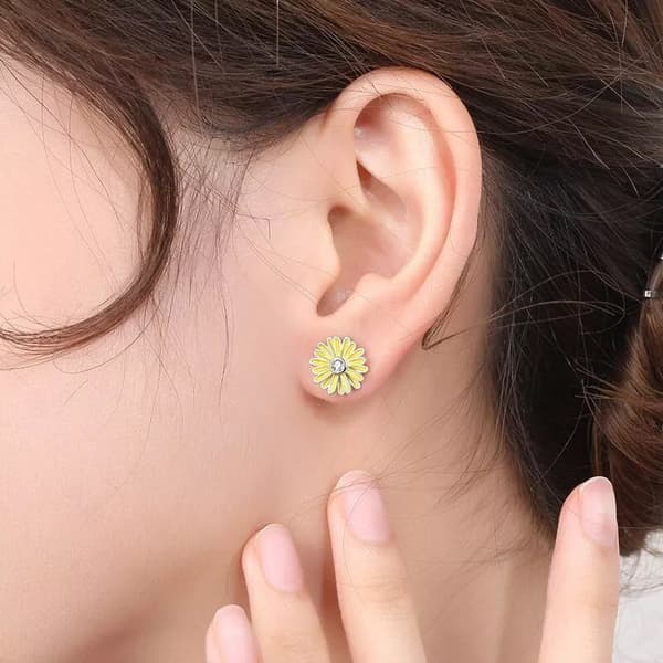 925 Sterling Silver Yellow Flower Crystal Stud Earrings Women Girls Jewellery