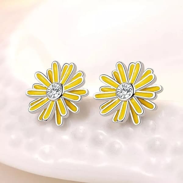 925 Sterling Silver Yellow Flower Crystal Stud Earrings Women Girls Jewellery