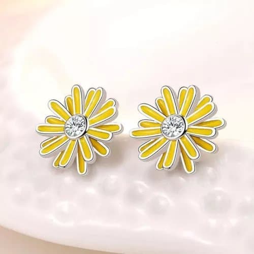 925 Sterling Silver Yellow Flower Crystal Stud Earrings Women Girls Jewellery