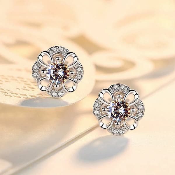 Women Girls Crystal Flower Stud Earrings 925 Sterling Silver Jewellery Gift