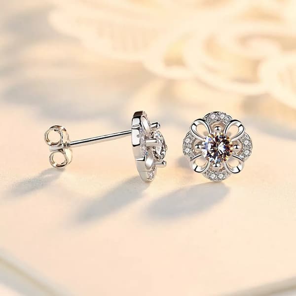 Women Girls Crystal Flower Stud Earrings 925 Sterling Silver Jewellery Gift