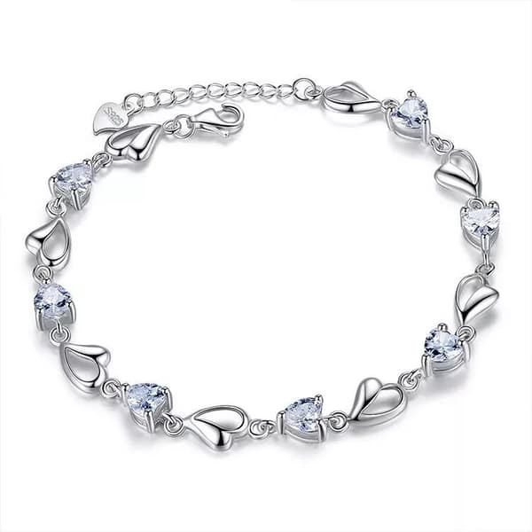 925 Sterling Silver Crystal Heart Linked Charm Bracelet Women Girls Jewellery UK