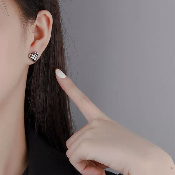 Fashion Checkerboard Heart Stud Earrings 925 Sterling Silver Women Jewellery UK